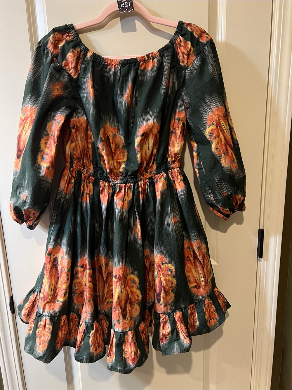 Off-Shoulder Jade Green Mini Dress with Orange Floral Print H125